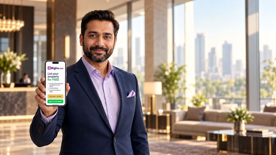 4Bigha advisor holding a phone showing the 4Bigha.com free listing screen inside a hotel lobby