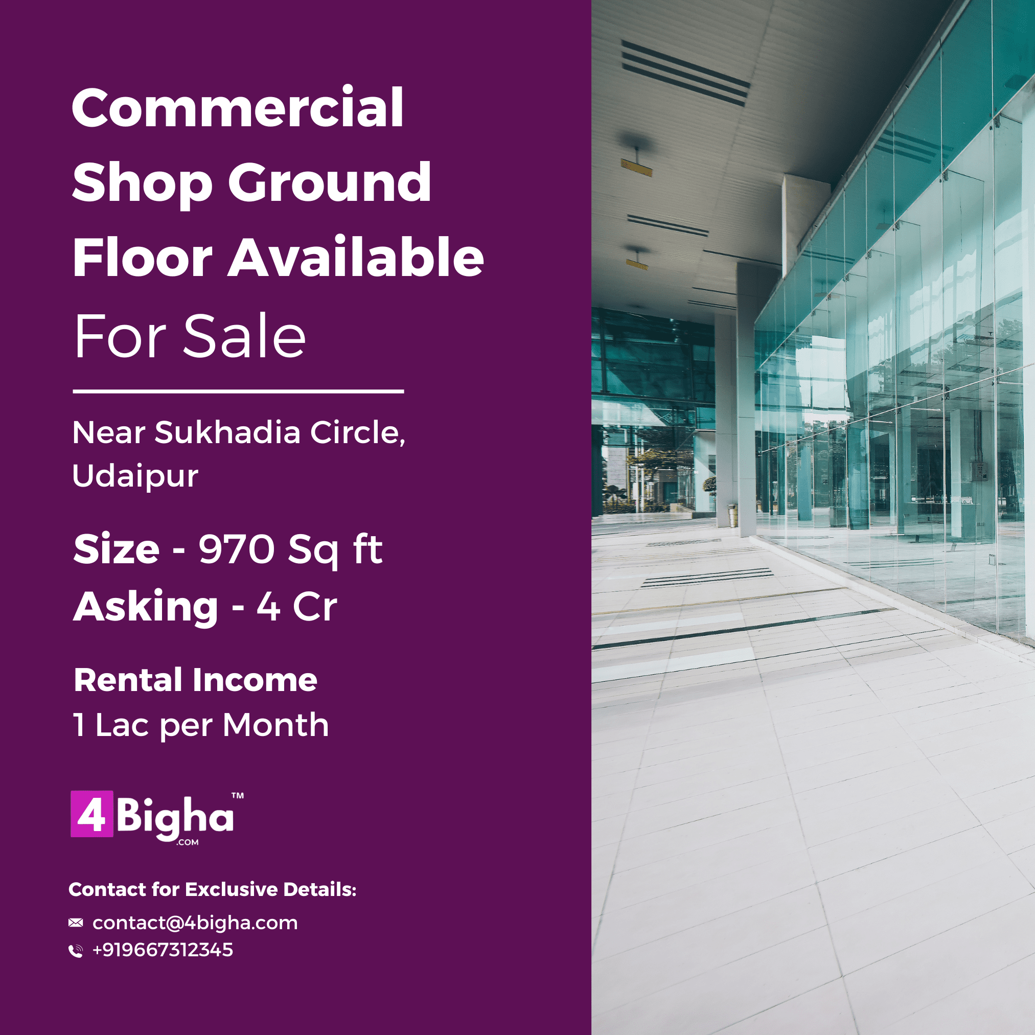 Commercial Shop, Ground Floor Available for Sale at Sukhadia Circle Udaipur​